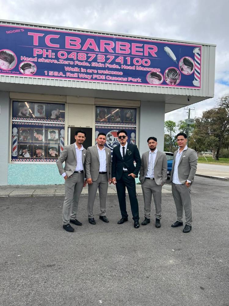 The Noori's TC Barber team outside the shop on Railway Parade, Queens Park